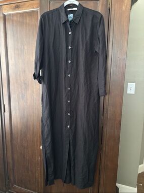 LOFT Black Button-Front Maxi Black Linen Shirt Dress LP